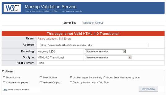 Obr. Stránka neprešla validátorom HTML kódu