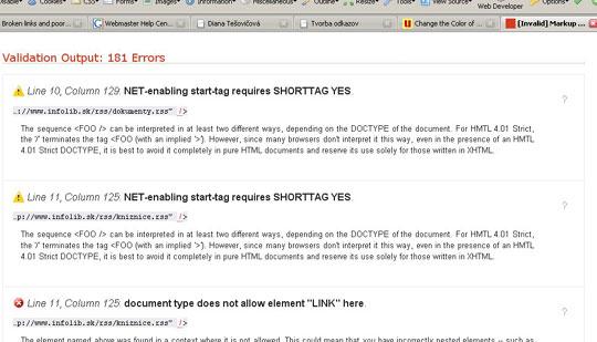 Obr. Analýza chýb po kontrole validátorom HTML kódu