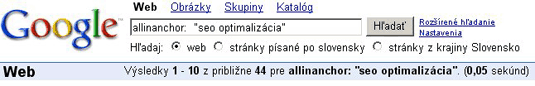 Výsledok vyhľadávania na SEO optimalizácia v texte odkazu